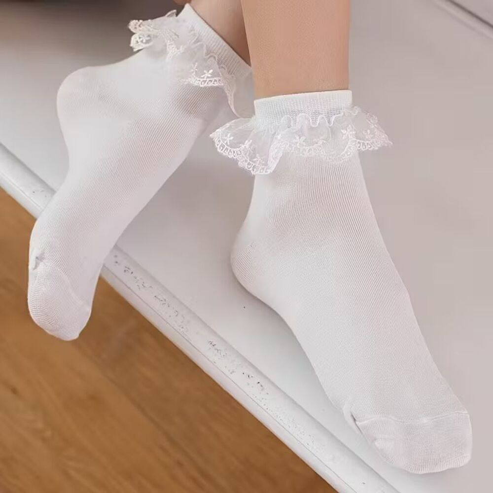 Whimsical Lace Princess Socks – Mid-Calf, Starry White, Fairy Maiden White NEW